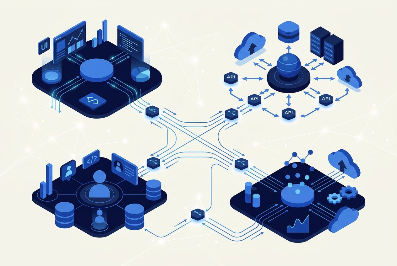 Ilustração de sistemas interligados por nós de API