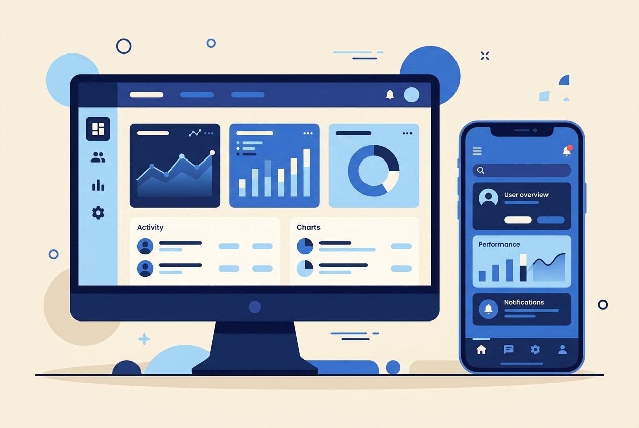Ilustração de sistema web no computador e app mobile no telemóvel
